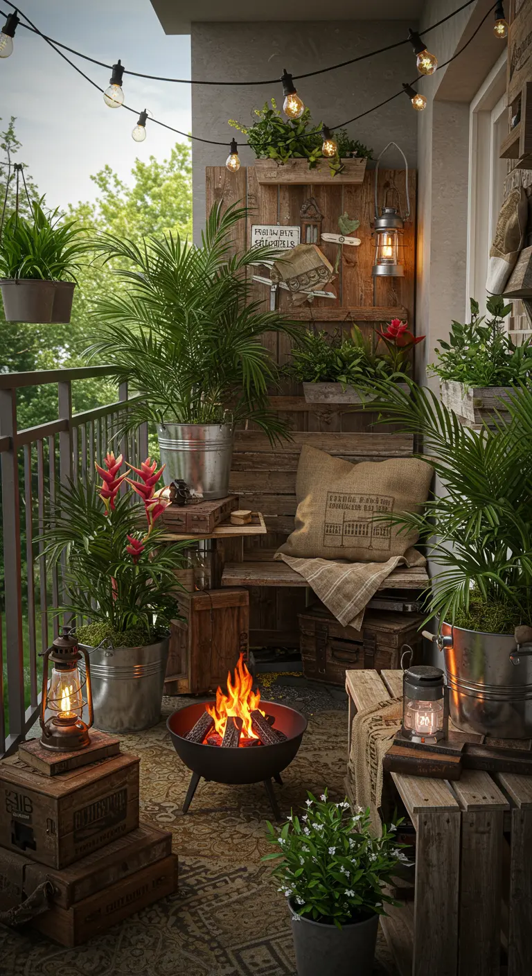 Rustiek balkon met houten kratten, zinken emmers met planten, vuurschaal en lichtslingers.