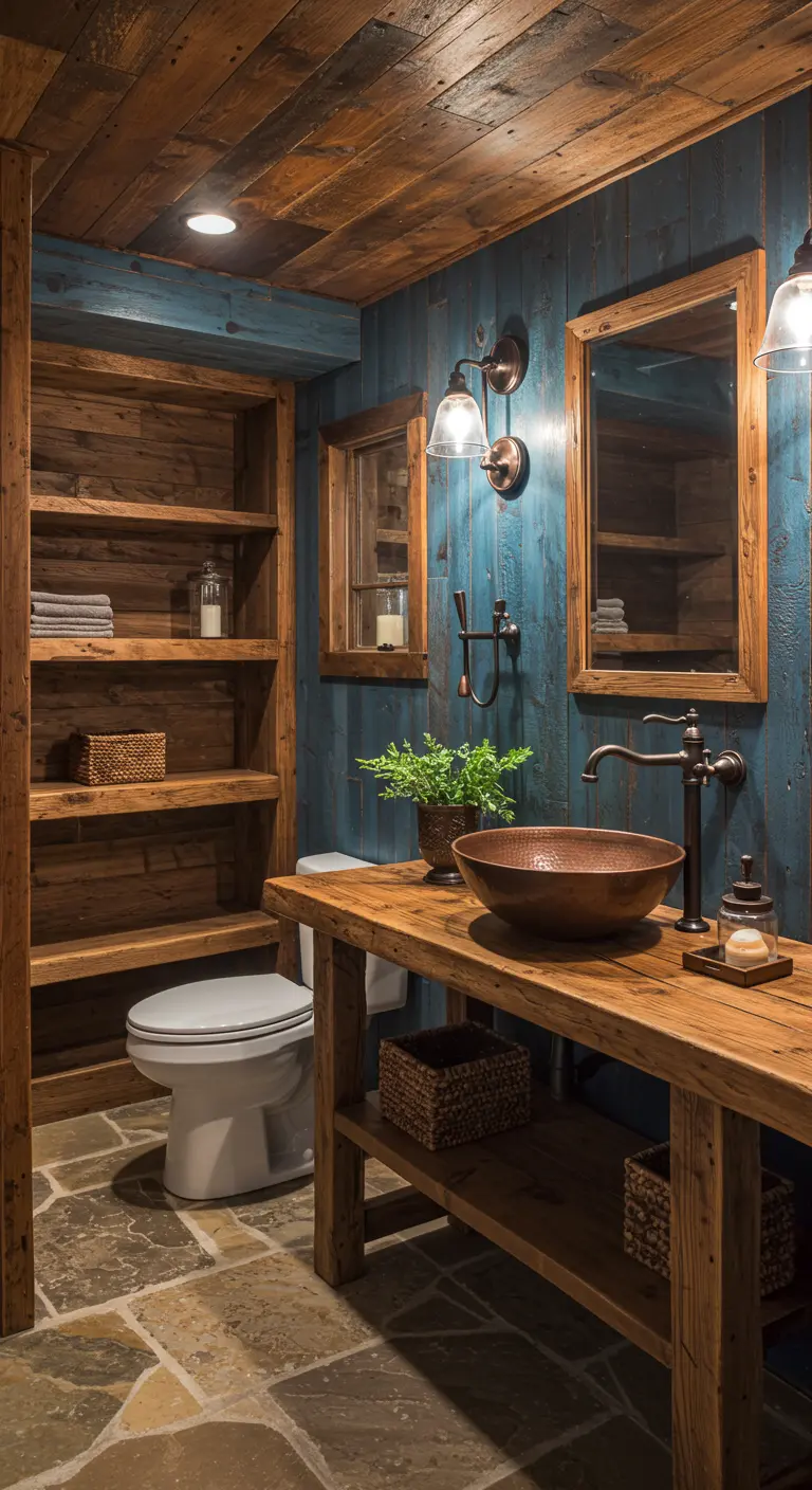 Rustieke houten badkamer met een accentwand van verweerd blauw hout en een koperen waskom.