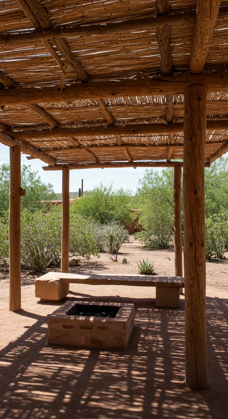 Eenvoudige houten pergola met een dak van bamboestokken, creëert een gevlekte schaduw.