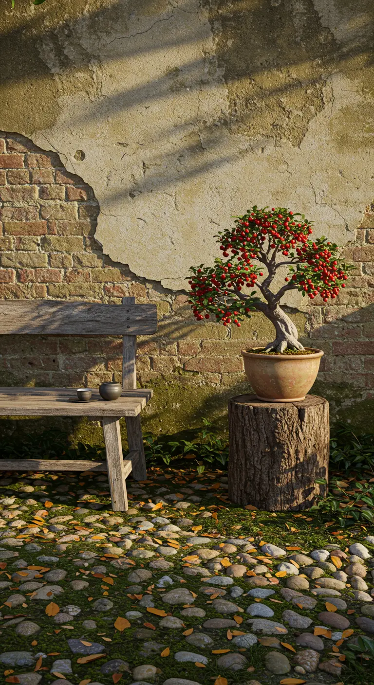 Rustiek hoekje met een verweerde muur, een houten bankje en een bonsai met rode besjes.