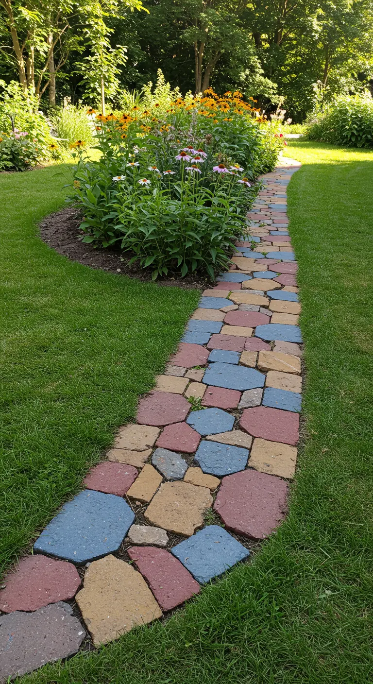 Tuinpad gemaakt van onregelmatige, gebroken stenen in de kleuren rood, blauw en geel.