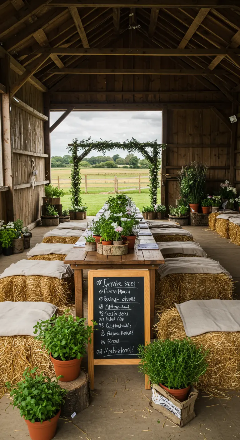Bruiloft in een schuur met hooibalen als zitplaatsen en een krijtbord met het menu.