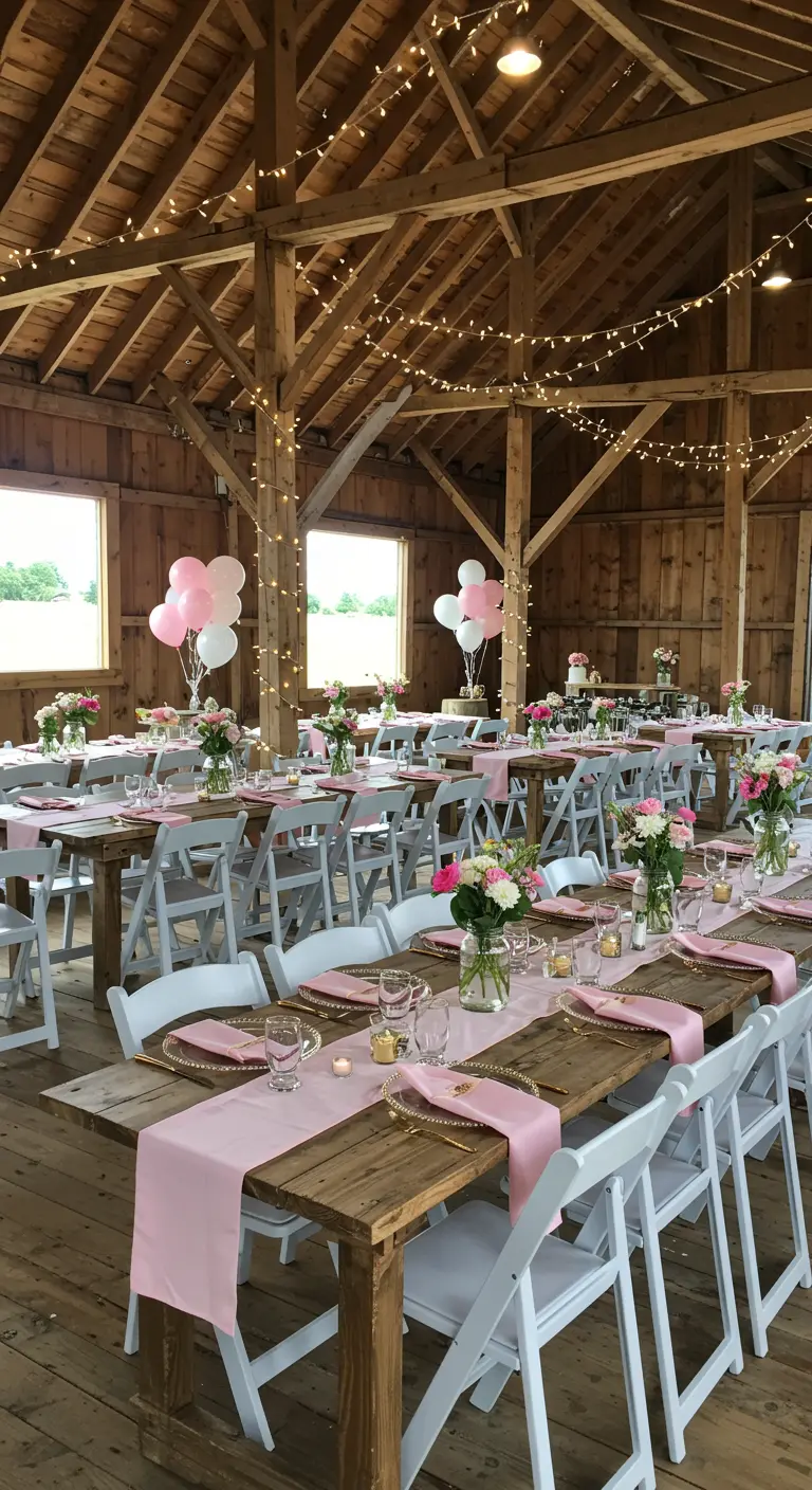 Lange houten tafels in een schuur met roze lopers en witte stoelen.