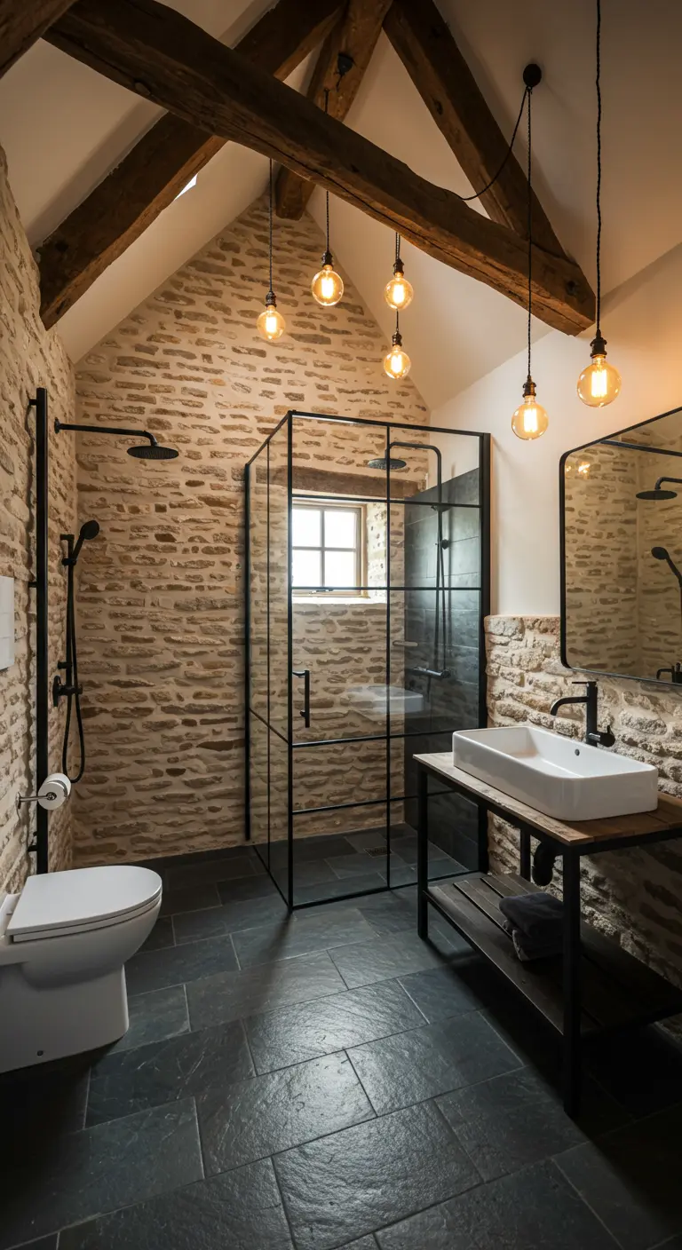 Landelijke badkamer met natuurstenen muur, houten balken en zwarte douche.