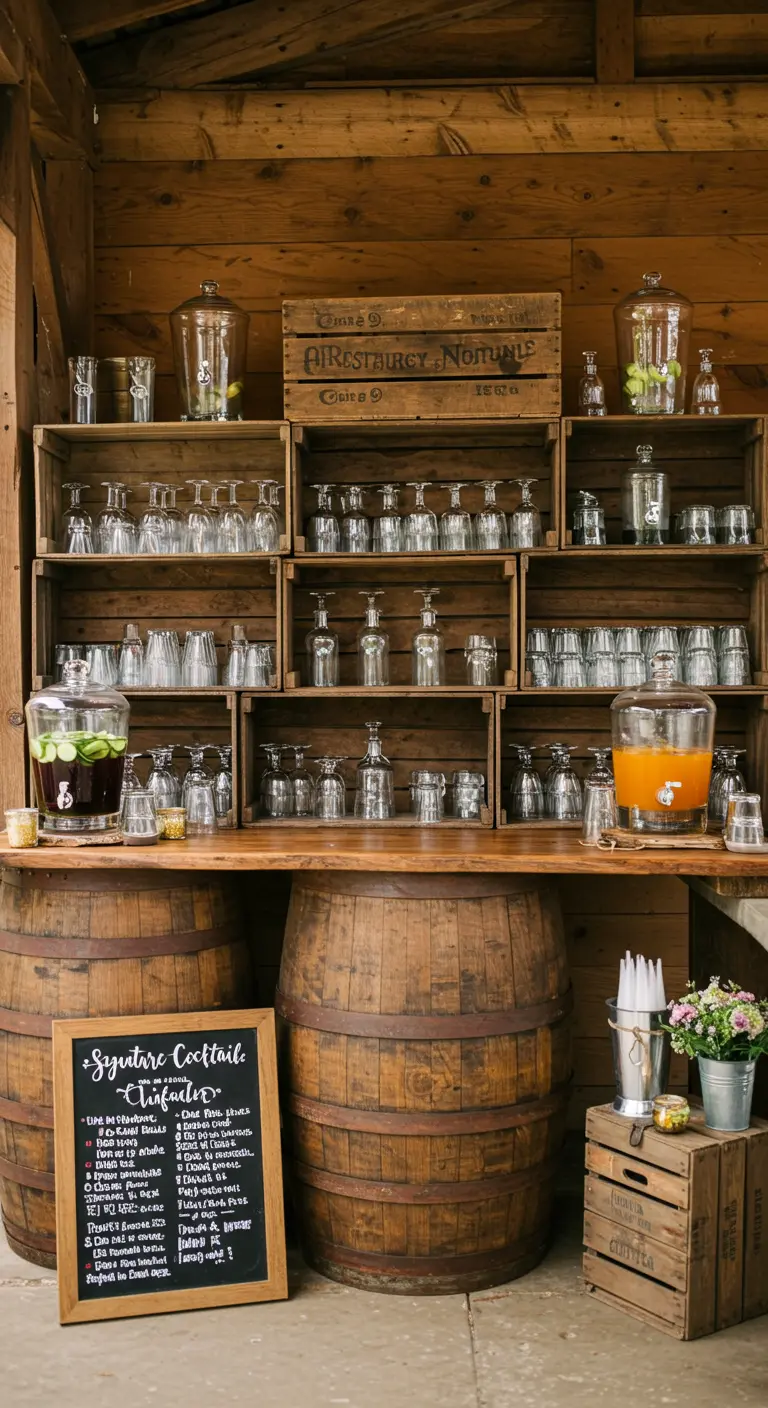 Drankstation gemaakt van houten vaten en kratten met glazen en limonadetaps.