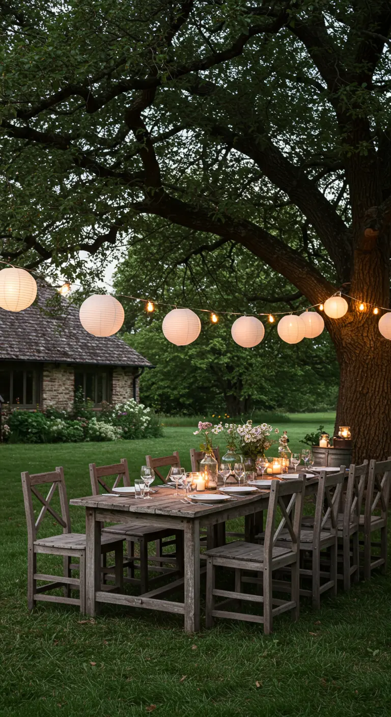 Landelijke tuin met een houten eettafel onder een lichtsnoer met witte lampionnen in een boom.