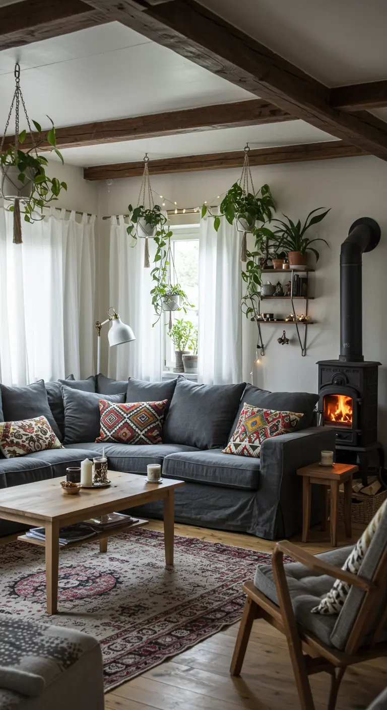 Knusse woonkamer met houtkachel, donkere bank, hangplanten en etnische kussens.