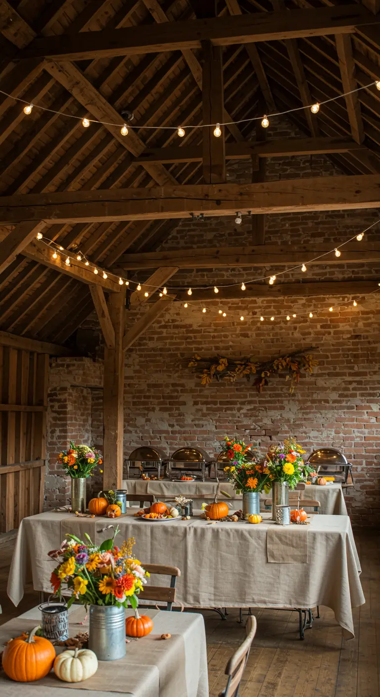 Buffettafel in een rustieke schuur, versierd met pompoenen, bloemen en lichtslingers.