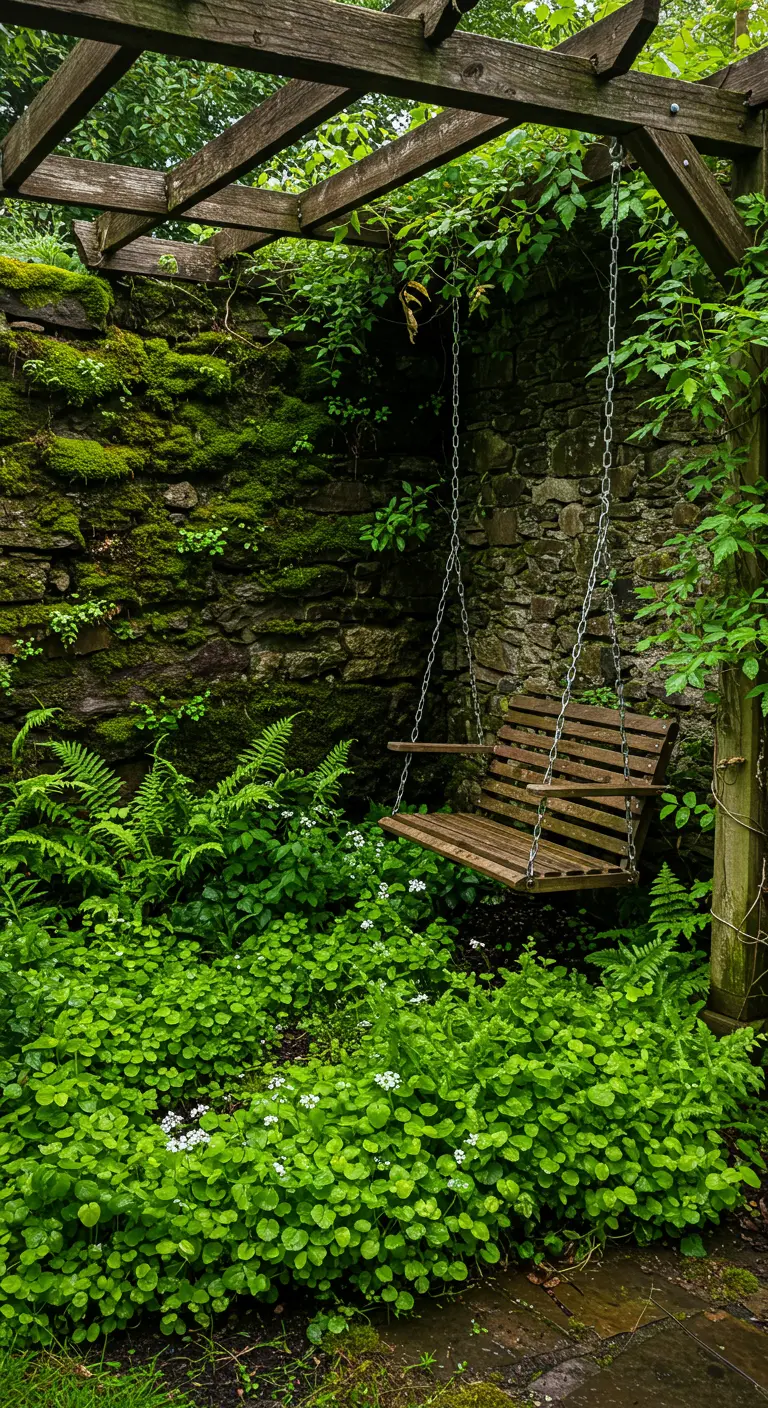 Houten schommelbank onder houten pergola bij mos- en klimopmuur, omringd door groen.