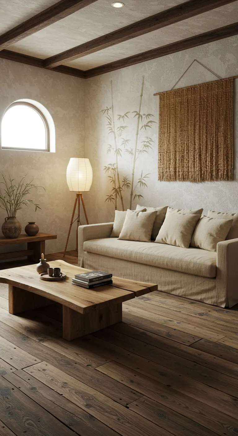 Rustieke woonkamer met houten vloer, linnen bank en bamboe decoraties