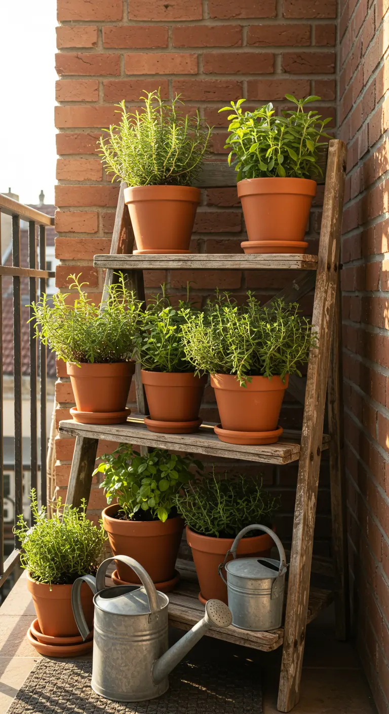 Houten trapladder vol met kruiden in terracotta potten tegen een bakstenen muur.