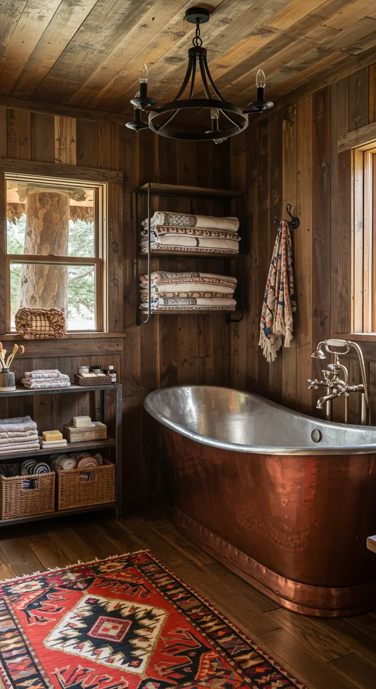 Houten badkamer met een groot koperen bad en een Perzisch tapijt.
