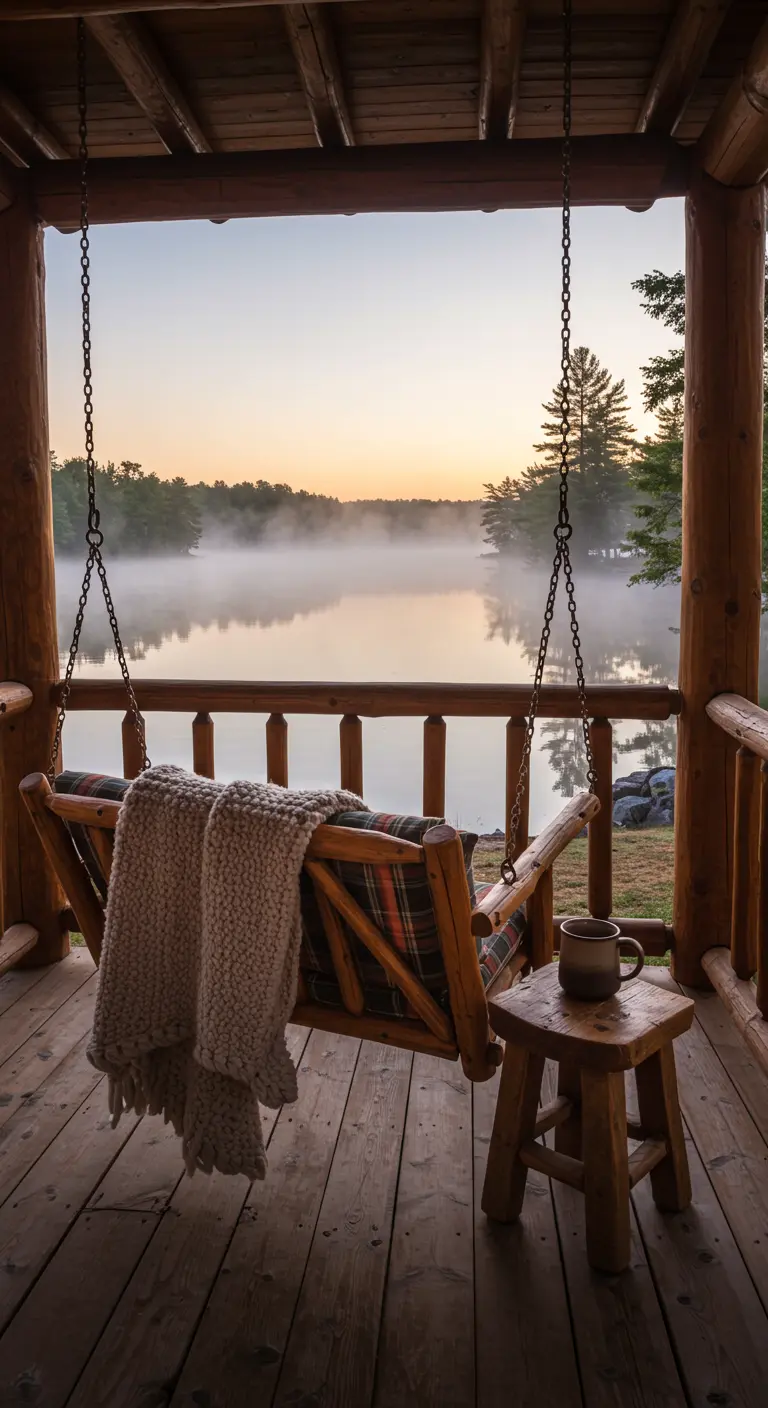 Houten schommelbank op rustieke veranda met uitzicht op mistig meer bij zonsopgang.