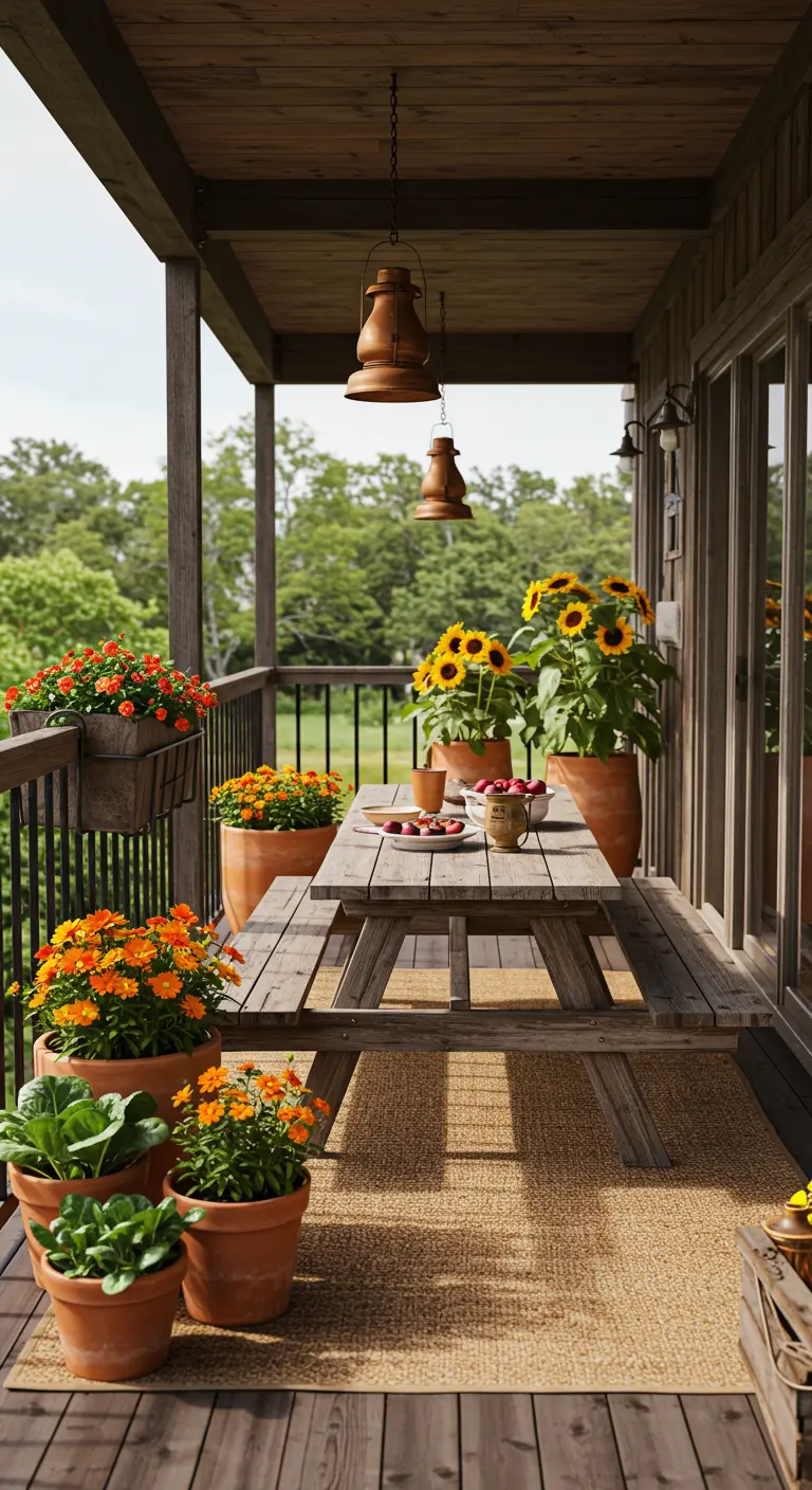 Rustiek balkon met houten picknicktafel, terracotta potten vol zonnebloemen en een juten kleed.
