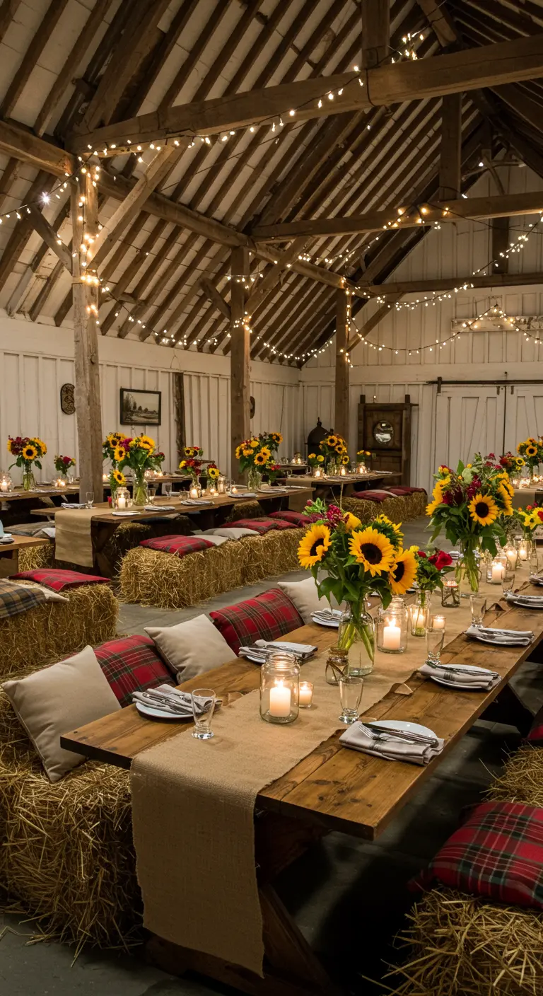 Rustieke schuur feestdecoratie met hooibalbanken, houten tafels, zonnebloemen en slingers met lichtjes.
