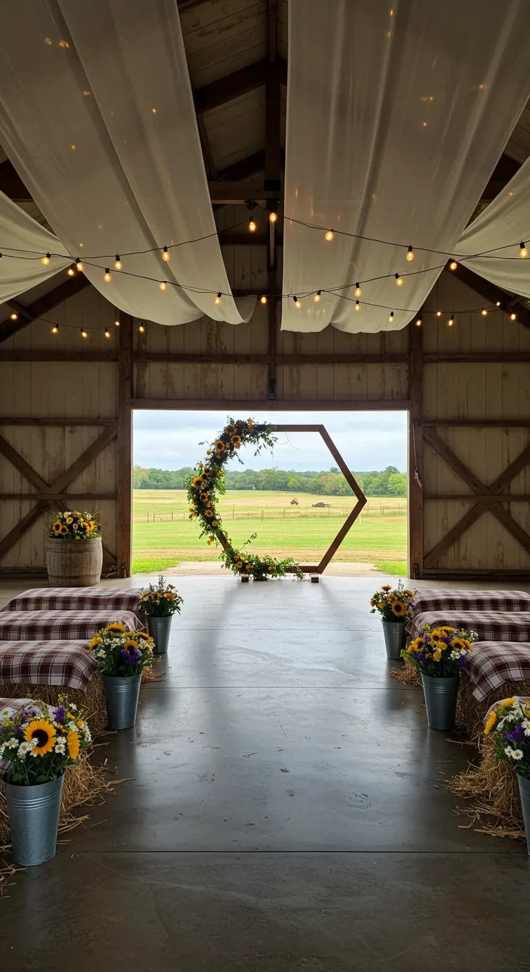 Houten hexagon altaar met zonnebloemen in een schuur met uitzicht op een weiland.