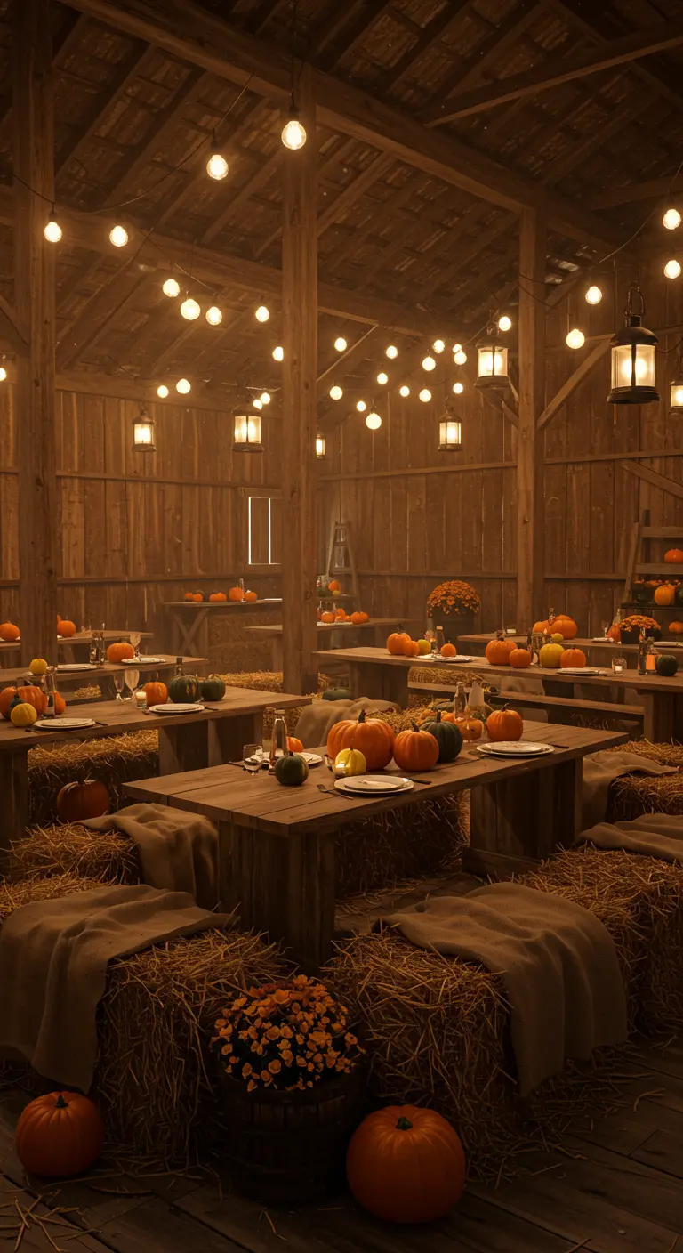 Schuurinterieur met houten tafels, hooibalen als zitplaatsen, pompoenen en sfeervolle verlichting.
