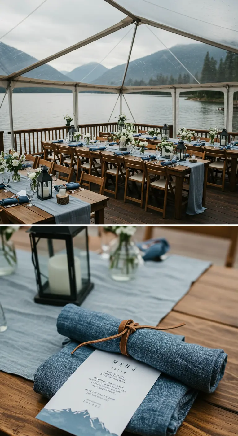 Lake wedding table with rustic wood, blue runners, blue napkins with leather ties, and mountain menus.