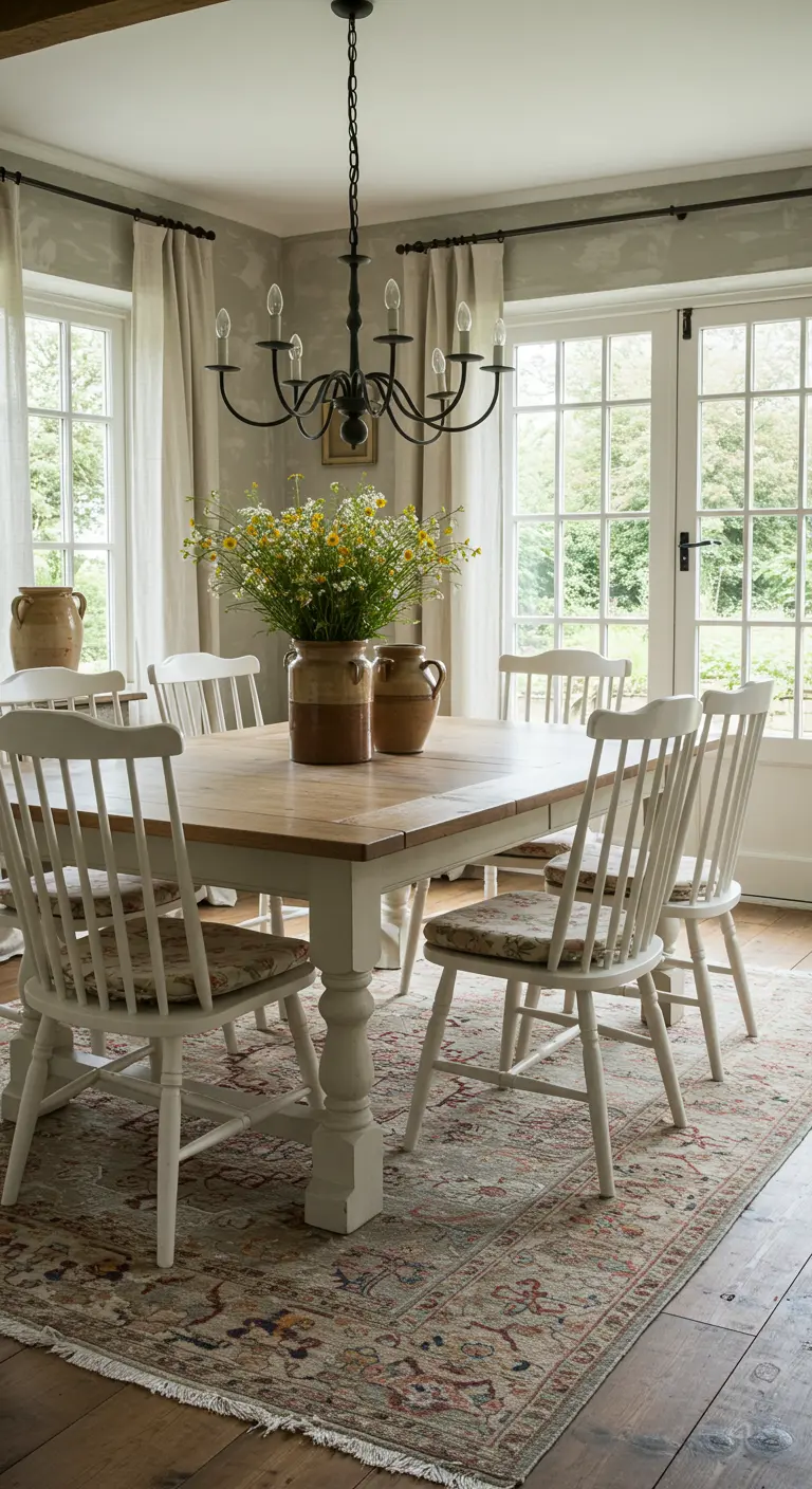 Landelijke eethoek met houten tafel, witte stoelen met bloemkussens en een zwarte kroonluchter.