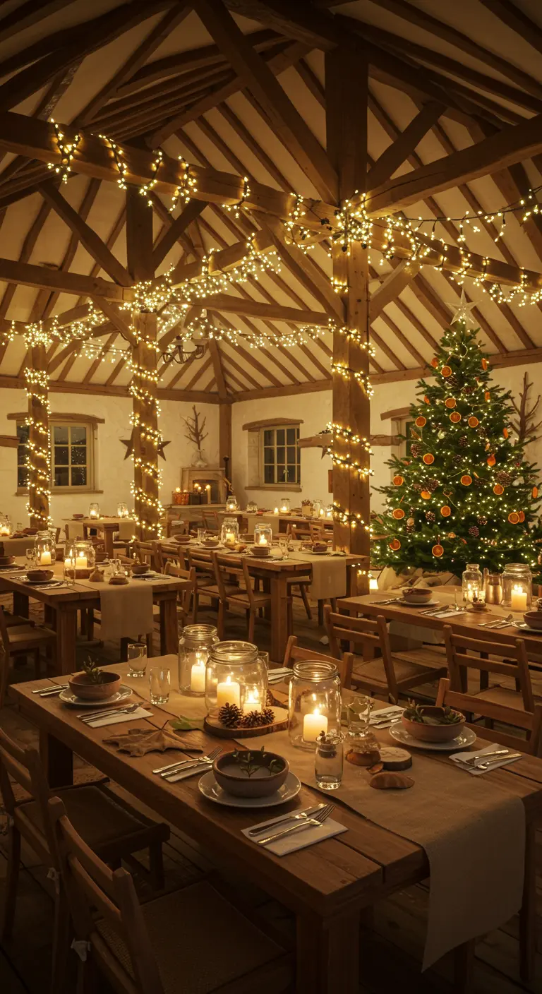 Feestzaal in een schuur met houten tafels en een kerstboom, verlicht met lichtsnoeren.