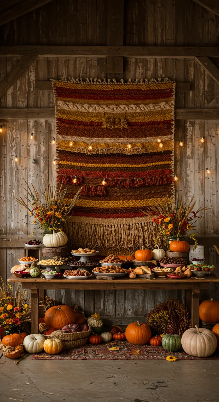 Geweven wandkleed met aardetinten achter een herfstbuffet met pompoenen.