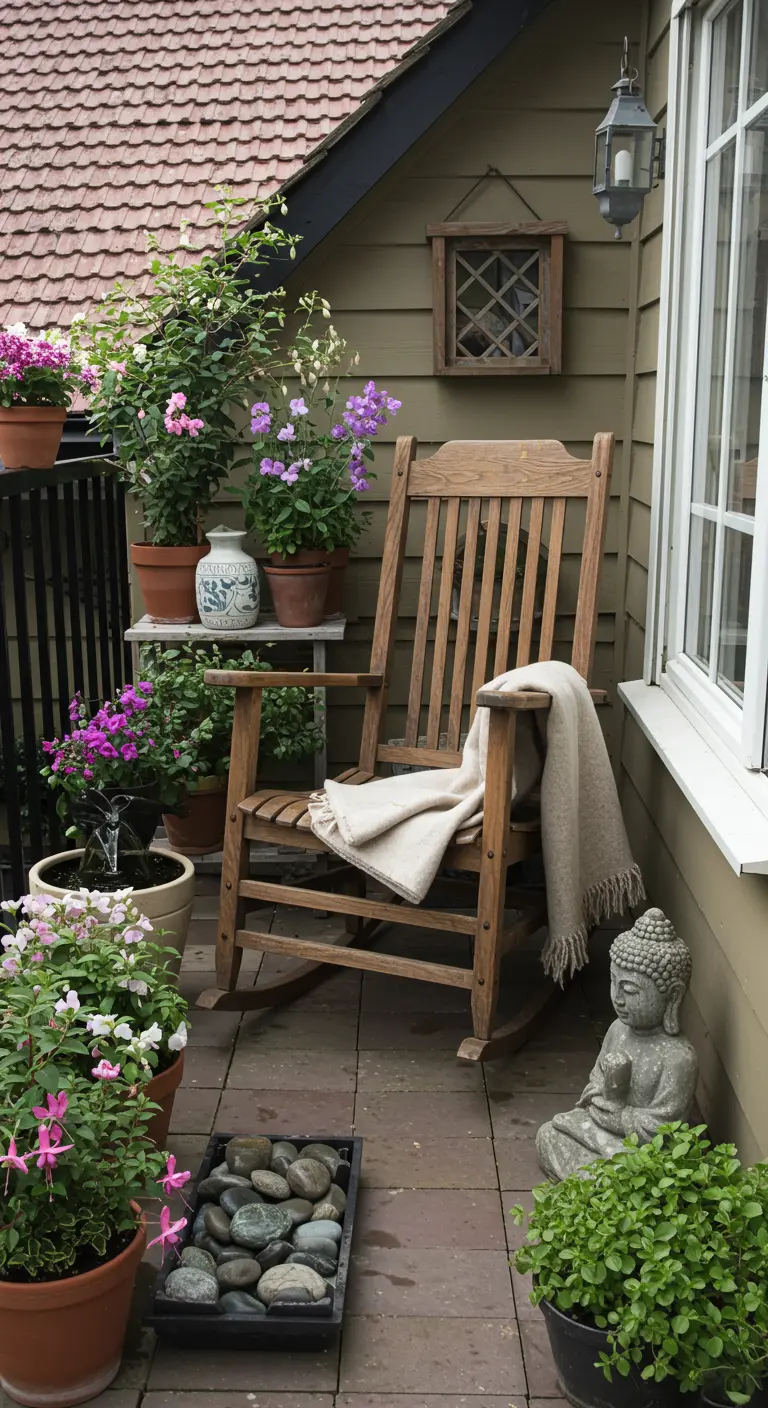 Houten balkon met schommelstoel, planten en Boeddha beeld voor ontspanning.