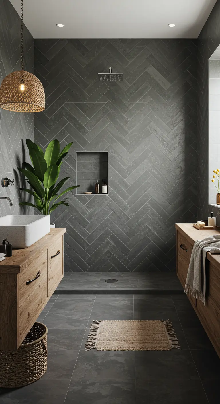 Grijze leistenen badkamer met houten meubels en een grote plant.