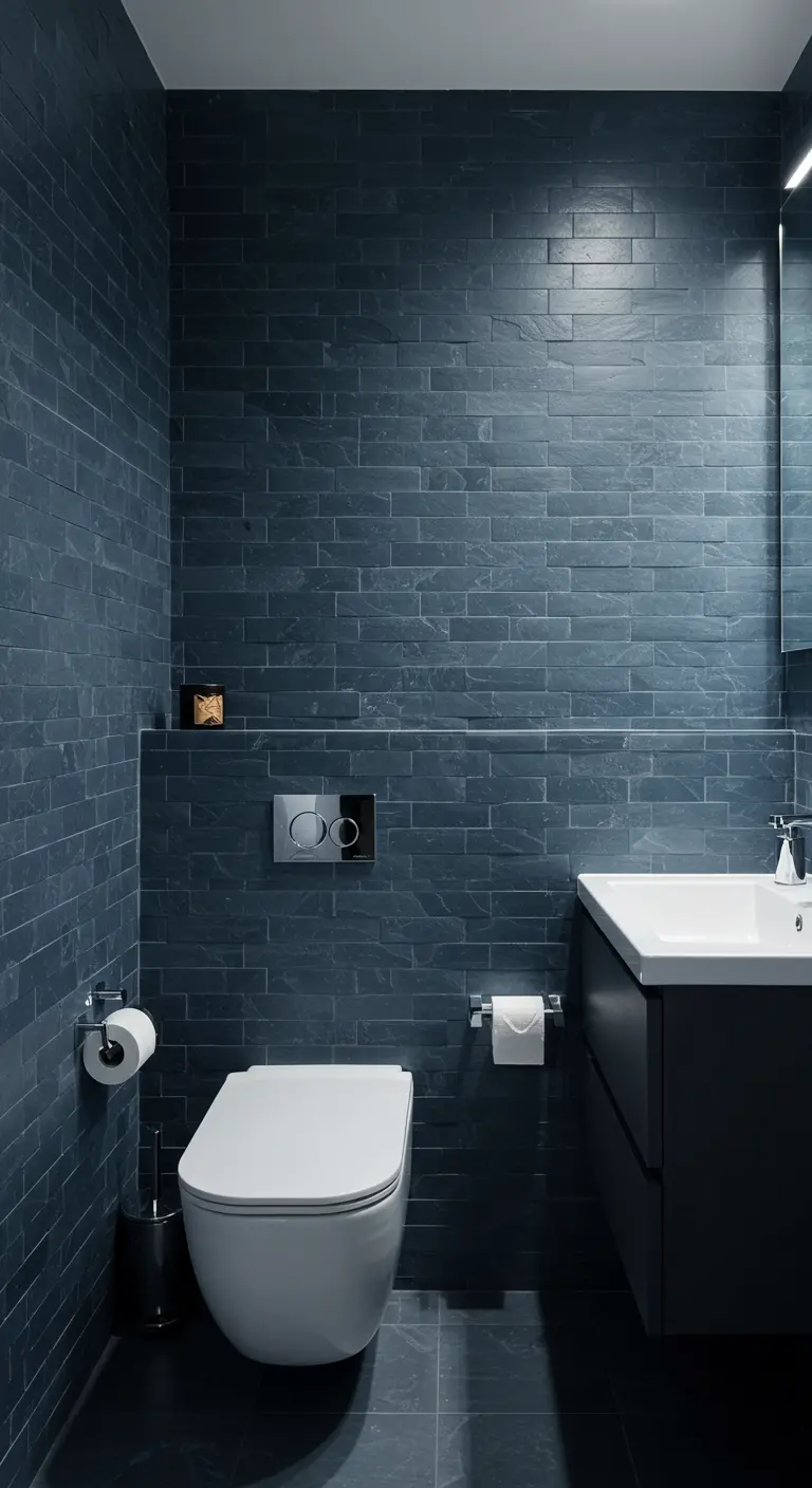 Toiletruimte met donkerblauwe, ruw gestructureerde leisteen-look tegels.