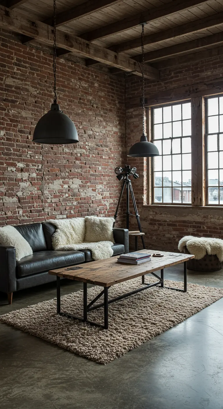 Loft woonkamer met bakstenen muur, leren bank, schapenvachten en houten tafel