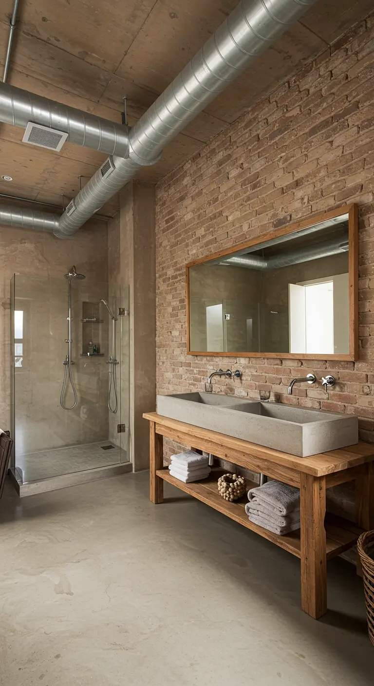 Industriële badkamer met een bakstenen muur en een dubbele betonnen wastafel.