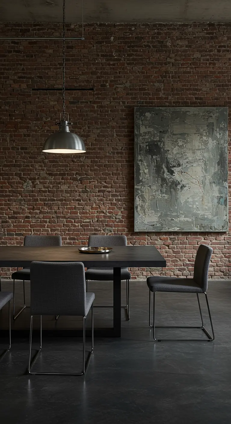 Industriële eetkamer met bakstenen muur, donkere tafel, stoffen stoelen en groot abstract schilderij.