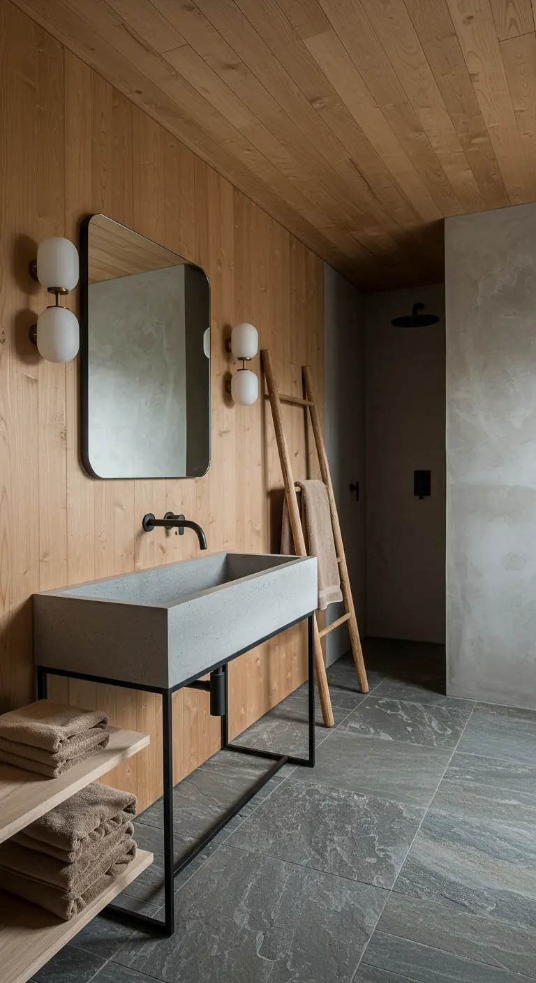 Badkamer met betonnen wastafel, houten wanden en een decoratieve ladder.