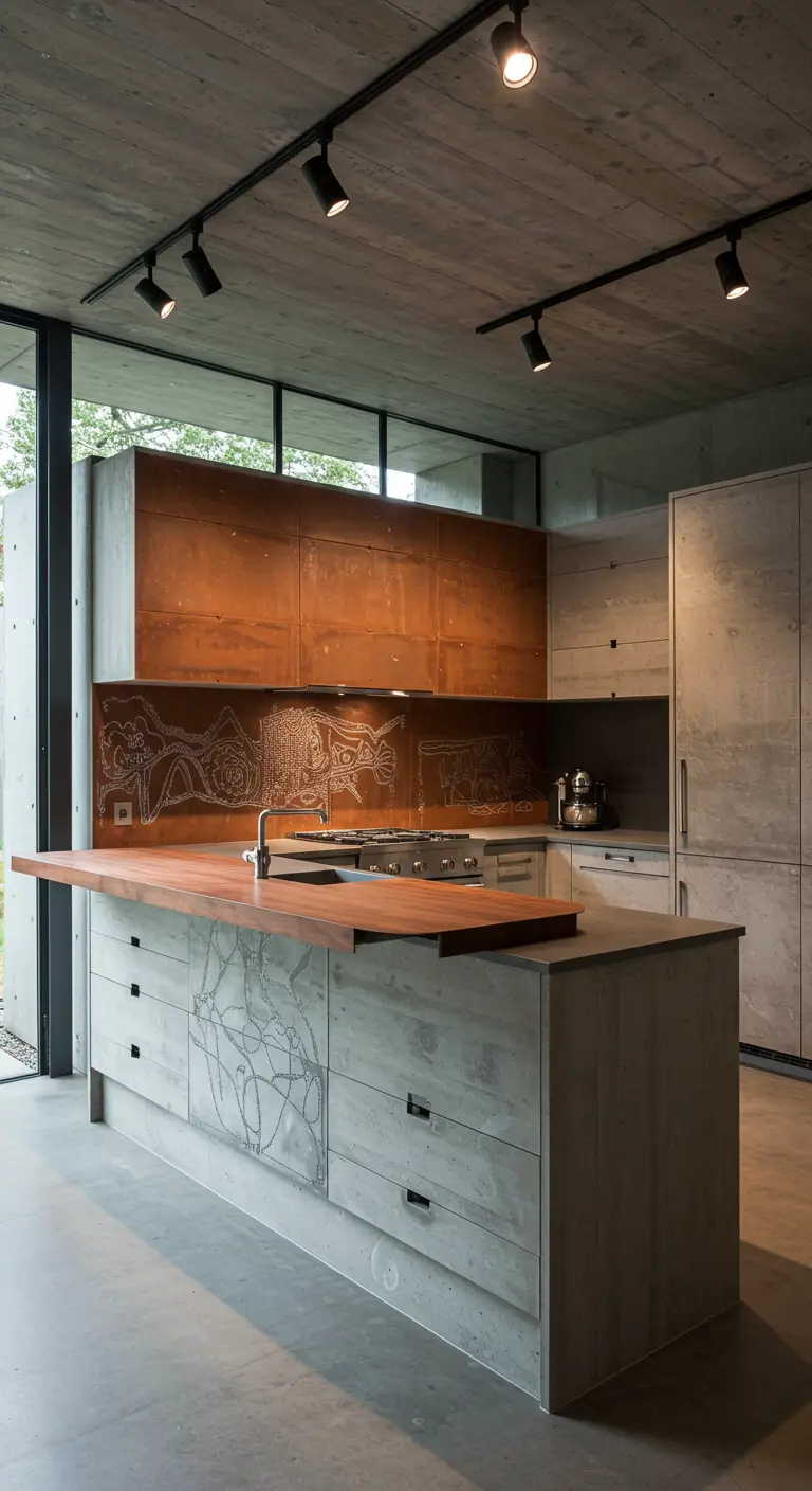 Industriële keuken met betonnen kasten, roestkleurige metalen accenten en artistieke etsingen.