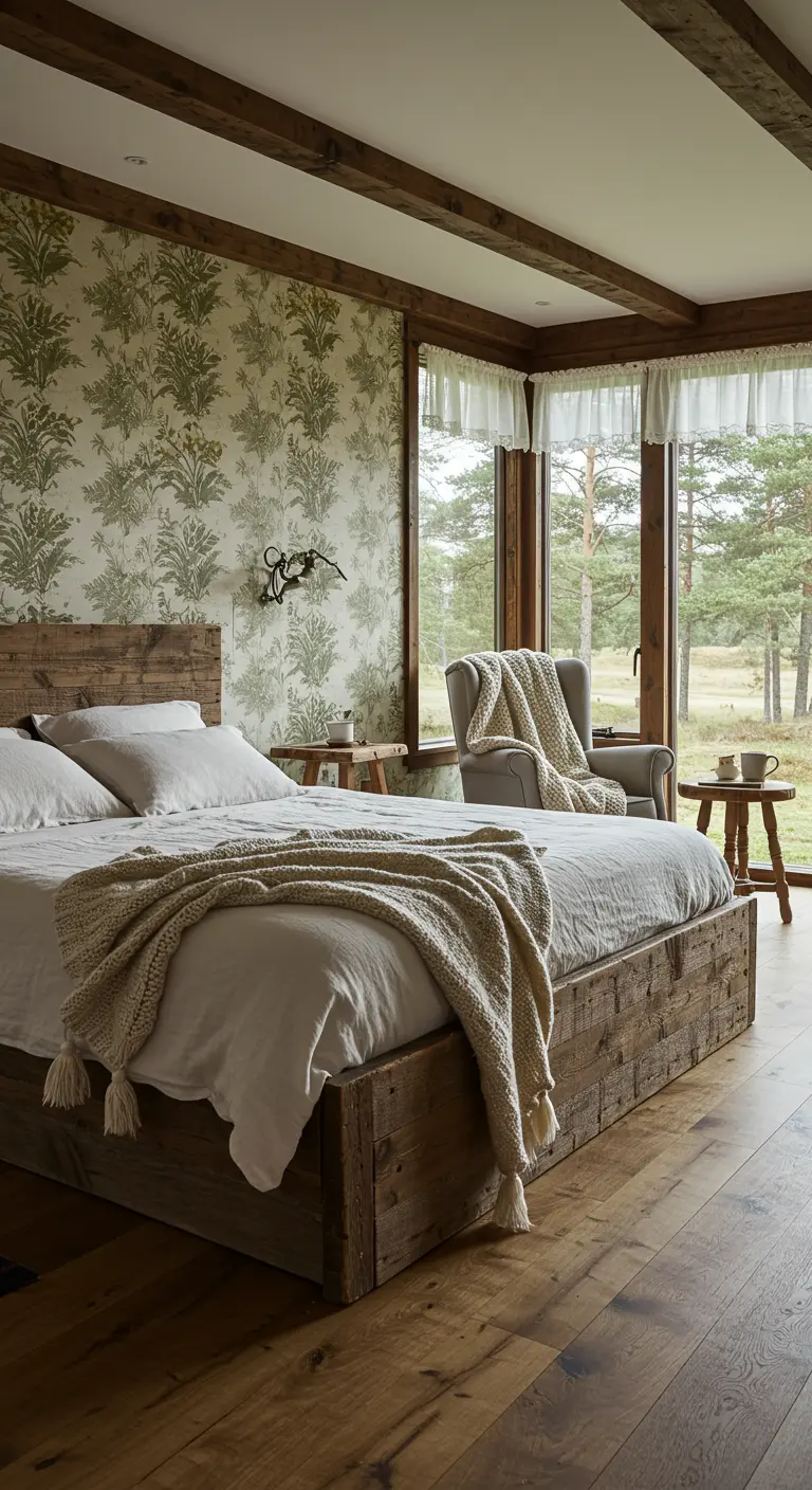 Robuuste slaapkamer met houten balken, botanisch behang en bed van gerecycled hout.