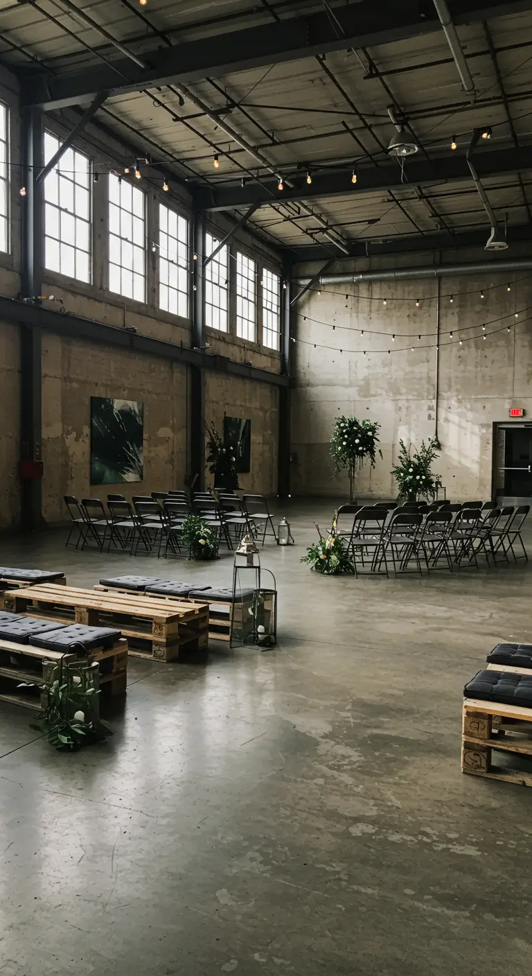 Industriële ceremonieruimte met palletbanken, vouwstoelen en minimalistische decoratie.