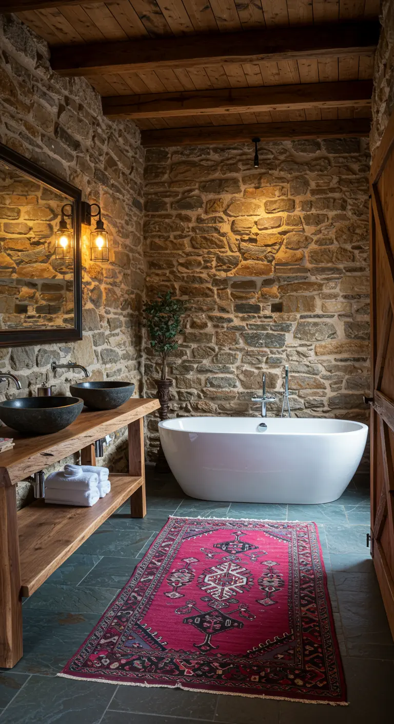 Badkamer met een ruwe stenen muur, een modern bad en een rood tapijt.
