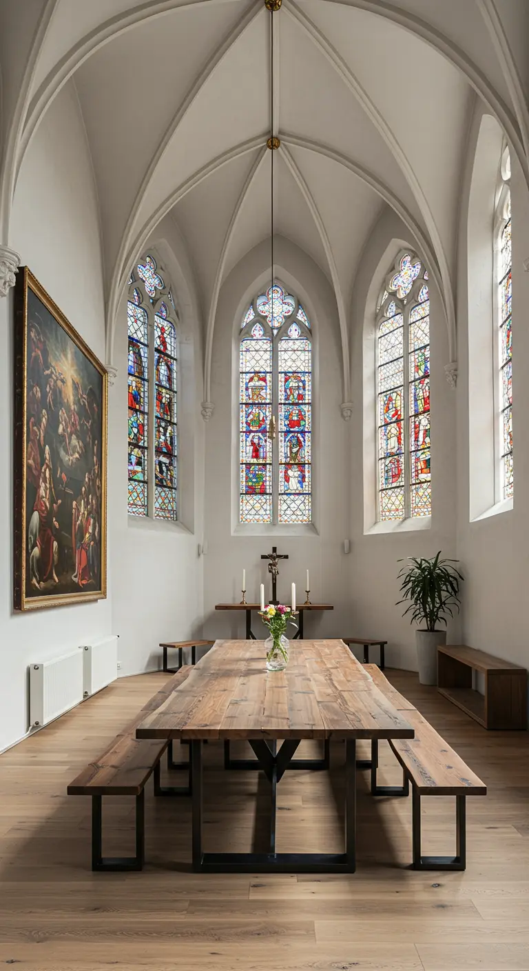 Eetkamer in een kapel met hoge gewelven, glas-in-lood en een grote kloostertafel.
