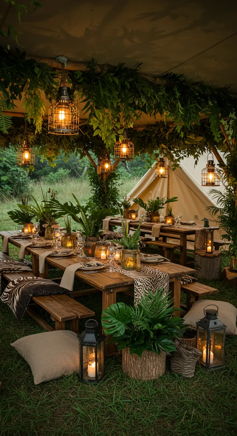 Safari lounge met houten tafels, lantaarns, planten en zebraprint kussens.