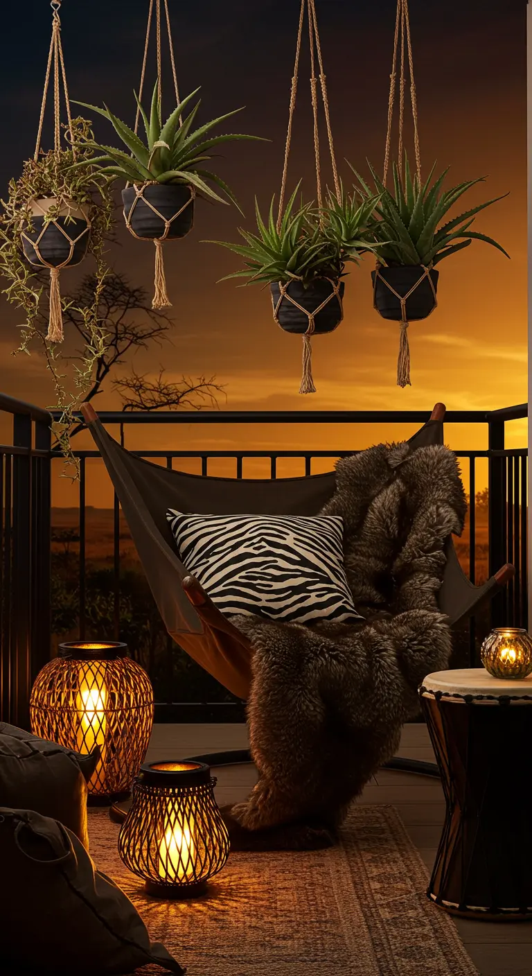 Hangmat-stoel met zebraprint kussen en bontkleed bij zonsondergang, met lantaarns en trommel.