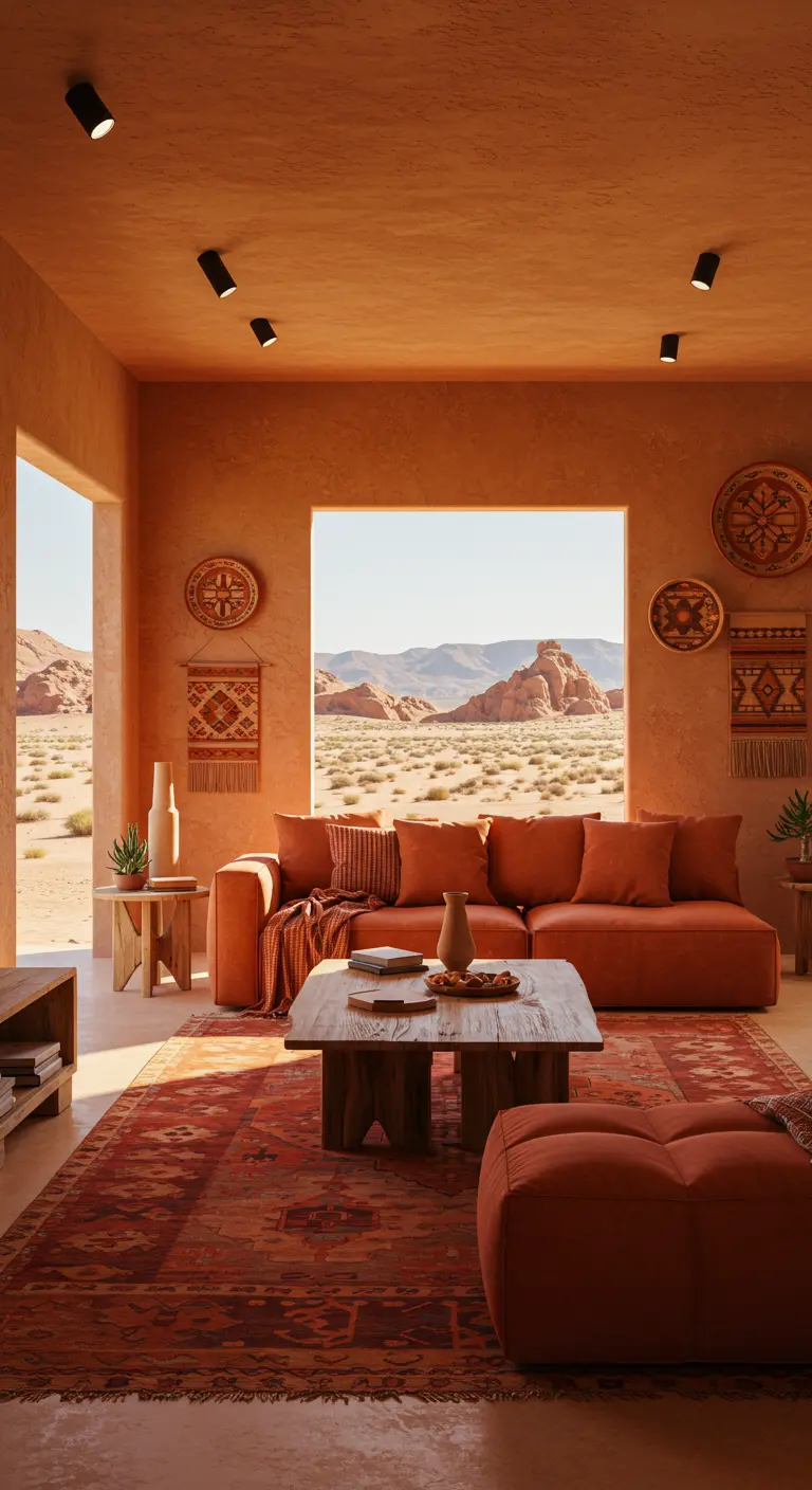 Woonkamer in terracotta tinten met oranje bank, etnische tapijten, uitzicht op woestijn.