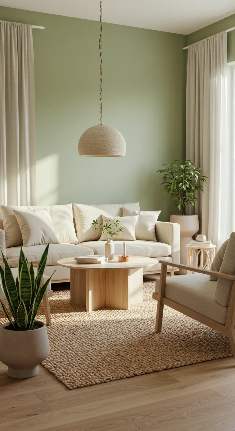 Woonkamer met saliegroene muren, een lichte bank en natuurlijke materialen.