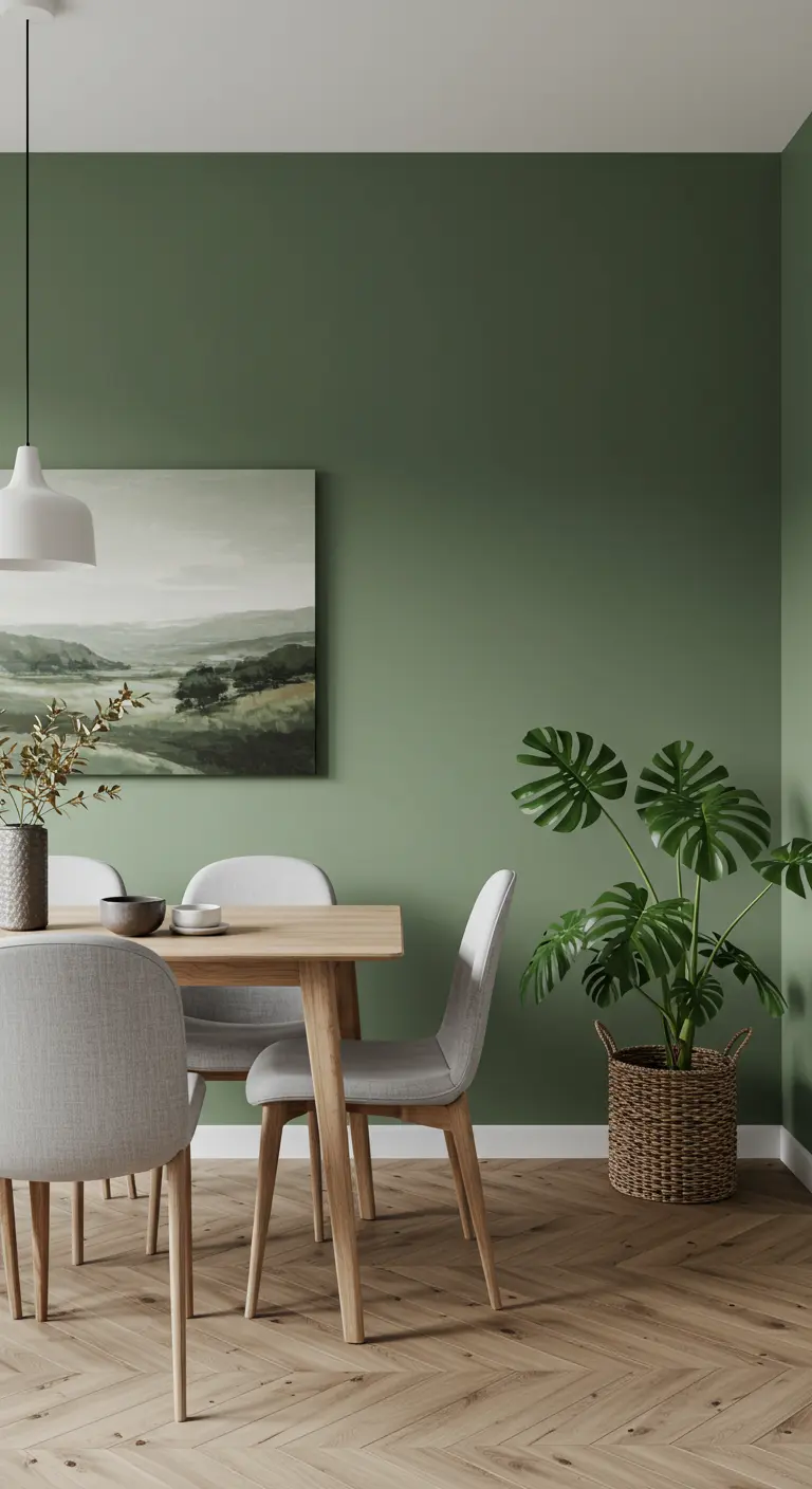 Scandinavische eetkamer met saliegroene muren, een houten tafel en een grote Monstera-plant.