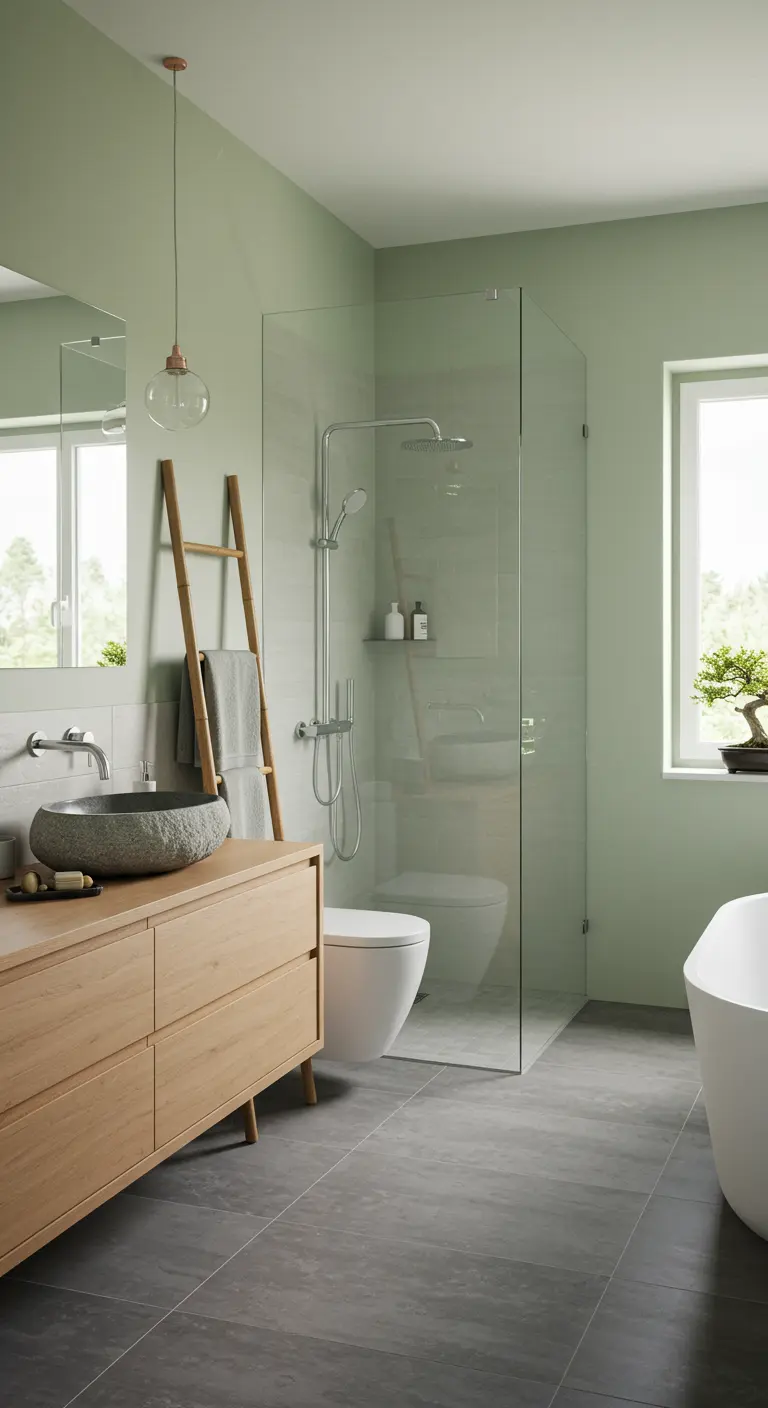 Moderne badkamer met saliegroene muren, een houten ladder als handdoekenrek en een stenen waskom.