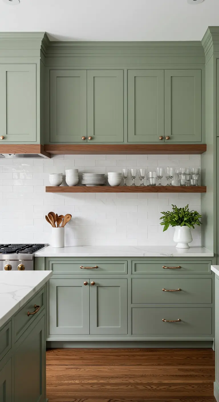 Saliegroene keuken met twee centrale houten planken, gestyled met wit servies en glaswerk.