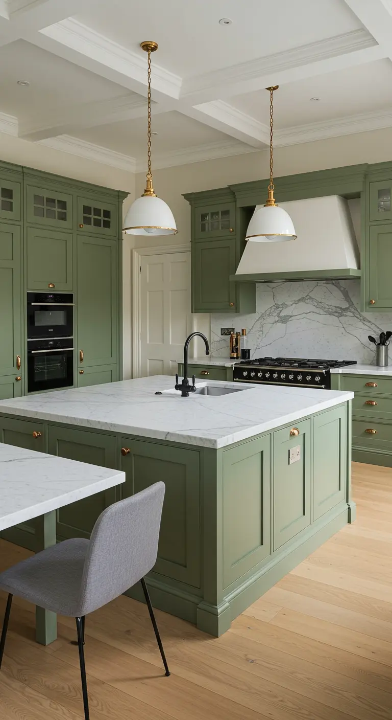 Saliegroene keuken met witte en gouden lampen boven een groot eiland.
