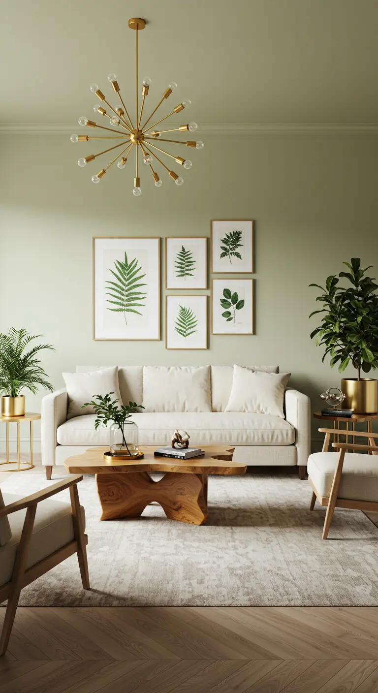 Saliegroene woonkamer met een houten salontafel en een gouden sputnik kroonluchter.