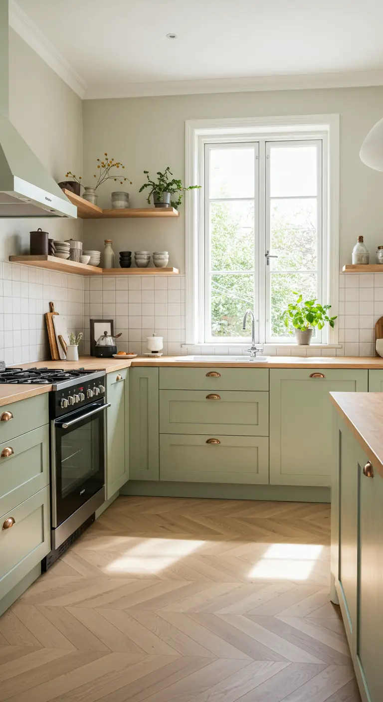 Lichte keuken met saliegroene kasten, houten werkblad en open planken bij een groot raam.