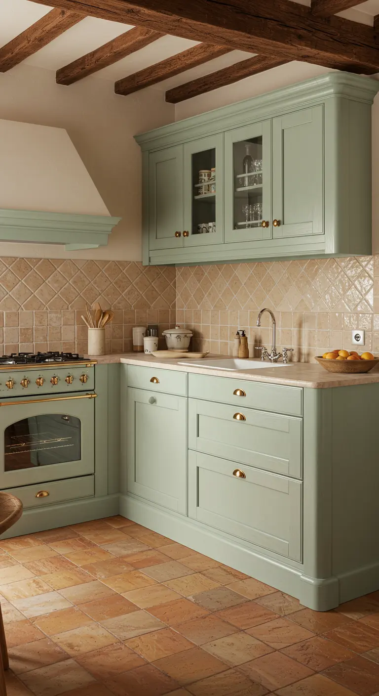 Landelijke, saliegroene keuken met terracotta vloertegels en houten balken aan het plafond.