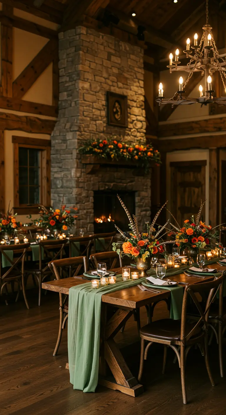 Tafelsetting in een rustieke lodge met een saliegroene loper, oranje bloemen en een brandende haard.