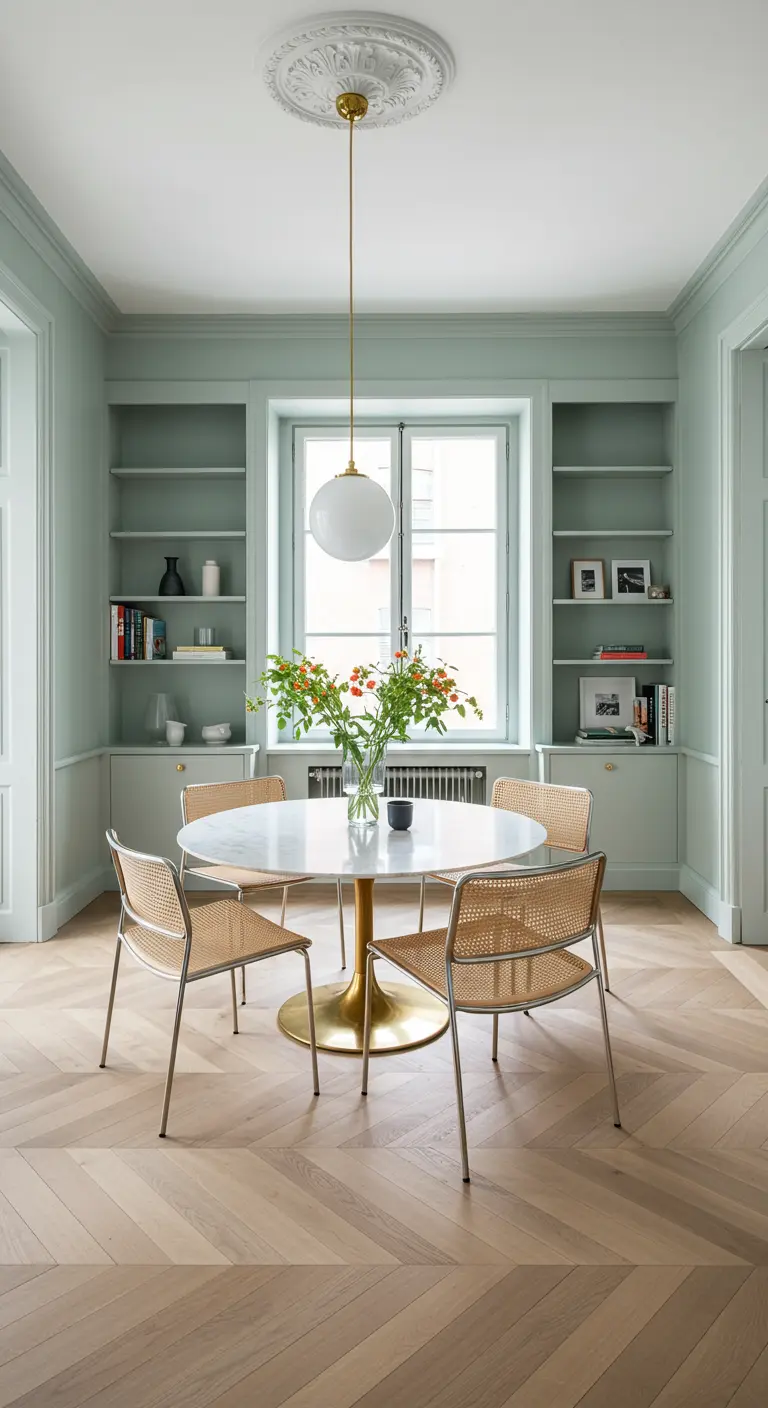 Eetkamer volledig in saliegroen geschilderd, met een ronde marmeren tafel en rotan stoelen.